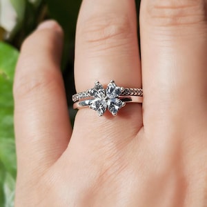 Sterling Silver Sparkling Lucky Clover Splittable Rings | Love Heart Clover Stackable Ring