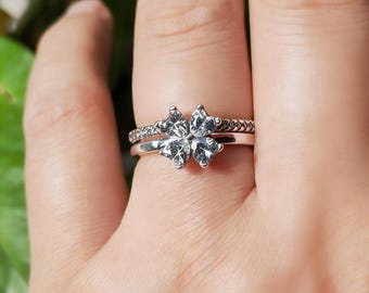 Anillos separables de plata de ley con trébol de la suerte brillante / Anillo apilable con forma de corazón y trébol