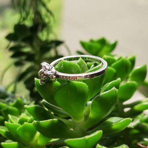 Puede incluir: Un anillo plateado con un dise&ntilde;o floral, sobre hojas verdes de suculentas. El anillo presenta una pieza central detallada en forma de flor y una banda con peque&ntilde;os acentos brillantes. Es una joya.