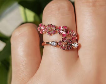 Anillo de flores de primavera chapado en oro rosa / Anillo de flor de durazno / Regalo para ella