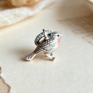 Può includere: Un ciondolo a forma di uccellino color argento con dettagliate incisioni delle piume, un piccolo accento rosso-arancio sul petto e un occhiello circolare sulla parte superiore incastonato con piccole pietre chiare. Il ciondolo raffigura un uccello.