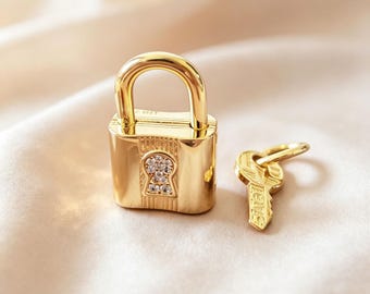 14K Gold Plated Lock Key Charm Bead, Sparkling CZ Padlock Pendant, Love Bracelet Charm