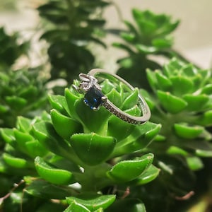 May include: A silver ring featuring a rabbit design with a dark blue, rectangular gemstone. The ring band is adorned with small, clear stones. The ring is set against a backdrop of green succulent plants.