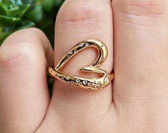 14K Gold Plated Organic Heart Ring | Pave Cubic Zirconia Love Band