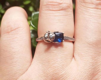 Disney Stitch & Blue Stone Ring, 925 Sterling Silber, Halbe Pave Bandring