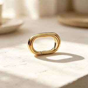 May include: A polished gold-tone oval carabiner clasp featuring a smooth, rounded metal frame and a spring-loaded gate mechanism. The hardware has a reflective surface and a continuous, uniform shape designed for connecting items securely.
