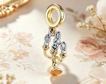 Disney Beauty and the Beast Lumiere Candelabra Dangle Bead Charm,14K Gold-Plated & Sterling Silver Pendant