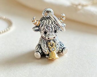 Cow with Gold Bell Dangle Charm,925 Sterling Silver Animal Pendant
