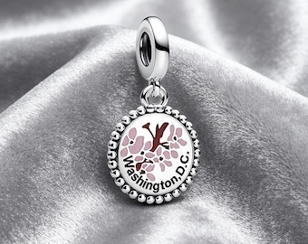 Sterling Silver Washington D.C. Cherry Blossom Dangle Charm, Enamel City's Iconic Bead Pendant