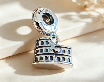 Sterling Silver The Colosseum Rome Dangle Bead Charm, Travel Italy Pendant