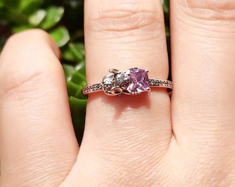 Disney Stitch & Pink Stone Ring, 925 Sterling Silver, Half-pave Band Ring