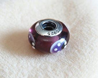 Ladybug Murano Bead,Handmade Purple Ladybird Glass Charm,Sterling Silver Core