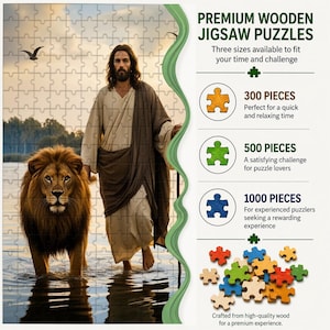 May include: Premium wooden jigsaw puzzles available in 300, 500, and 1000 pieces. The image shows a completed puzzle with a religious theme, featuring a man and a lion in water. The text says "Crafted from high-quality wood for a premium experience".