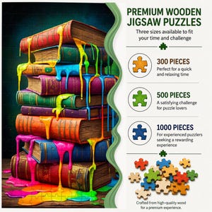 May include: A stack of colorful books with dripping paint, advertising premium wooden jigsaw puzzles. The image highlights three sizes: 300, 500, and 1000 pieces, crafted from high-quality wood.