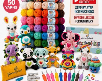 May include: A crochet kit featuring 50 yarn balls, a box labelled Yamm Ami, and a sign stating 10 video lessons for beginners. Includes a yellow pouch, measuring tape, crochet hooks, stitch markers, and several finished stuffed animal figures.
