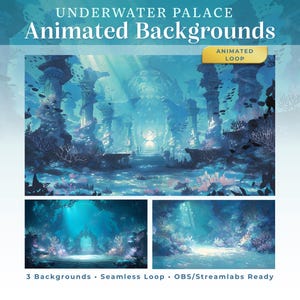 May include: An illustration of an underwater palace with animated backgrounds. The image features a vibrant blue and turquoise color palette, depicting an aquatic scene with coral, fish, and architectural structures. Text reads "Underwater Palace Animated Backgrounds".