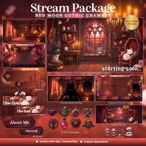ダークファンタジーゴシックストリームパック、レッドVTuberオーバーレイパック、VTuber向け居心地の良いゴシックTwitchアニメーション背景、レッドウィッチストリーミングアセットパック