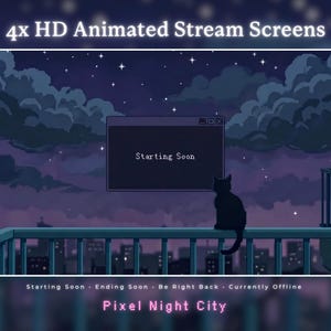 Può includere: Schermata di streaming in pixel art con un tema di città notturna. L'immagine presenta un gatto nero su un balcone, una finestra con la scritta "Starting Soon" e un cielo stellato. Il testo "4x HD Animated Stream Screens" è in alto.