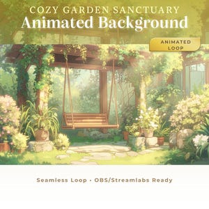 Könnte beinhalten: Animierter Hintergrund eines gemütlichen Gartens. Die Szene zeigt eine Holzschaukel, die von einer Pergola hängt, umgeben von üppigem Grün, Blumen und Topfpflanzen. Der Text lautet "Animated Background" und "Animated Loop".