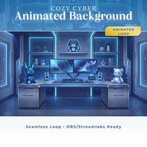 Puede incluir: Ilustración digital de un fondo animado con temática cibernética. La escena presenta un escritorio con dos monitores, altavoces y un teclado. Elementos decorativos incluyen un conejo azul y un oso de peluche blanco. Texto: "COZY CYBER Animated Background."