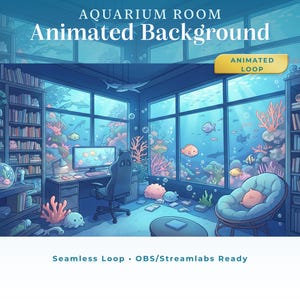 Könnte beinhalten: Animierter Hintergrund eines Aquariums. Der Raum zeigt ein großes Fenster mit einer Unterwasserszene, einen Schreibtisch mit Computer, Bücherregale und einen gemütlichen Sessel. Der Text "AQUARIUM ROOM Animated Background" steht oben.