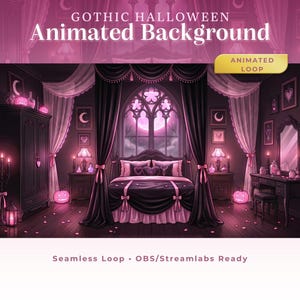 Op de afbeelding: Een digitale illustratie van een gothic-thema slaapkamer met een Halloween-thema. De kamer is ingericht in tinten roze en zwart, met een bed, dressoir en ander meubilair. De tekst "Gothic Halloween Animated Background" staat bovenaan.