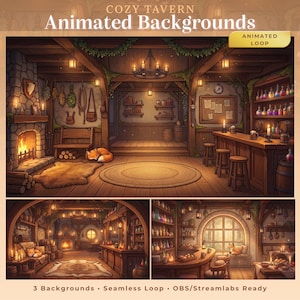 Könnte beinhalten: Digital Illustration von animierten Tavernen-Hintergründen. Das Bild zeigt drei Tavernen-Szenen mit warmer Beleuchtung, Kaminen und Barbereichen. Der Text oben lautet "COZY TAVERN Animated Backgrounds". Das Bild enthält auch den Text "3 Backgrounds - Seamless Loop - OBS/Streamlabs Ready".