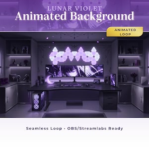 May include: A digital illustration of a gaming setup with a purple and black color scheme. The text "Lunar Violet Animated Background" is displayed at the top. The image includes a desk, computer monitors, and decorative lighting.