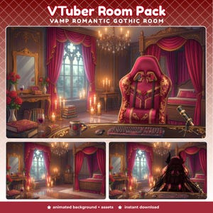 Puede incluir: Ilustración digital de un paquete de habitación VTube con temática gótica romántica. La habitación presenta una silla de juego roja y dorada, un escritorio con teclado y ratón, y una cama con cortinas rojas. La habitación está iluminada por velas y una lámpara de araña.