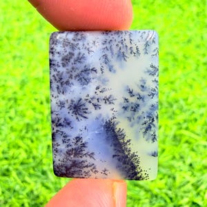 May include: A rectangular dendritic agate gemstone featuring a translucent white and pale blue base with intricate, dark black fern-like inclusions that spread across the surface in a branching pattern, creating a natural, organic visual effect.
