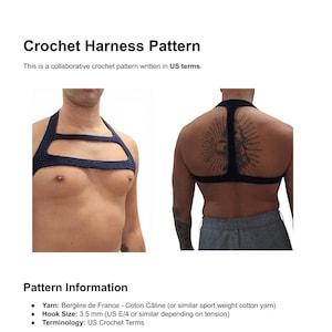 Peut inclure: Un document de modèle de harnais au crochet intitulé Crochet Harness Pattern. Le texte précise les termes US, le fil Bergère de France Coton Câline et une taille de crochet de 3,5 mm. L'image montre un harnais de poitrine en crochet bleu foncé.