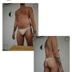 Può includere: Perizoma all'uncinetto color crema. L'immagine mostra viste anteriori e posteriori della biancheria intima. Il testo nell'immagine dice "Men's Crochet Thong Pattern".