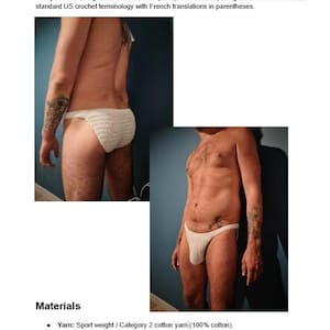 Peut inclure: L'image présente un patron de slip en coton crocheté. Le patron est conçu pour du fil 100% coton avec un crochet de 3,5 mm. Le patron utilise la terminologie américaine standard du crochet avec des traductions françaises entre parenthèses.