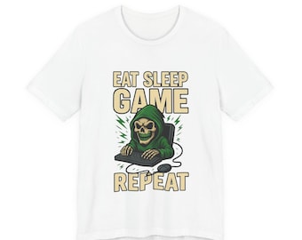 Eat Sleep Game Repeat Tee | Gamer Grim Reaper Skull Graphic | Great Birthday Gift For Gamers