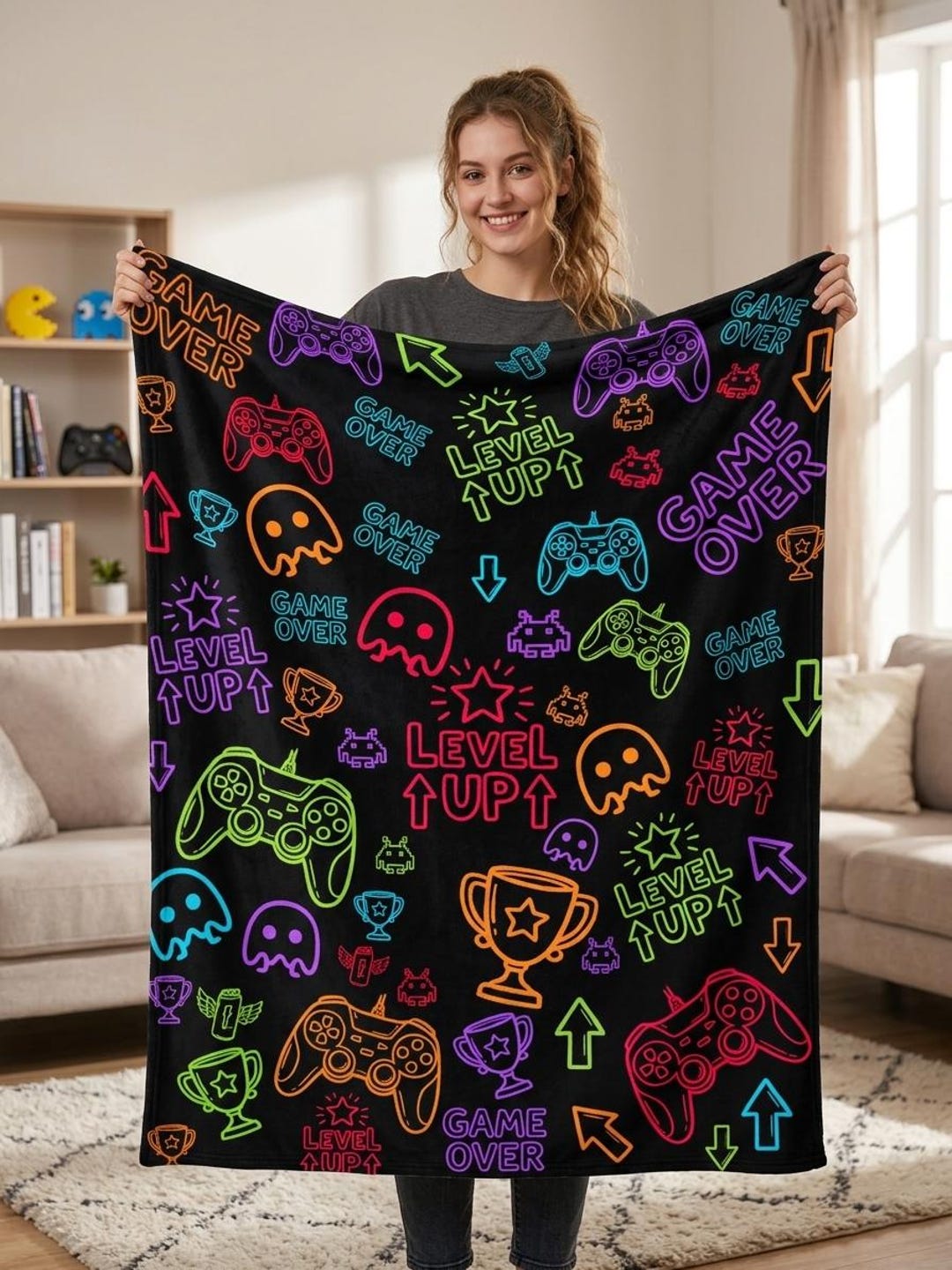 Neon Gamer Blanket - Retro Video Game Doodle Plush Throw - Gaming Room ...
