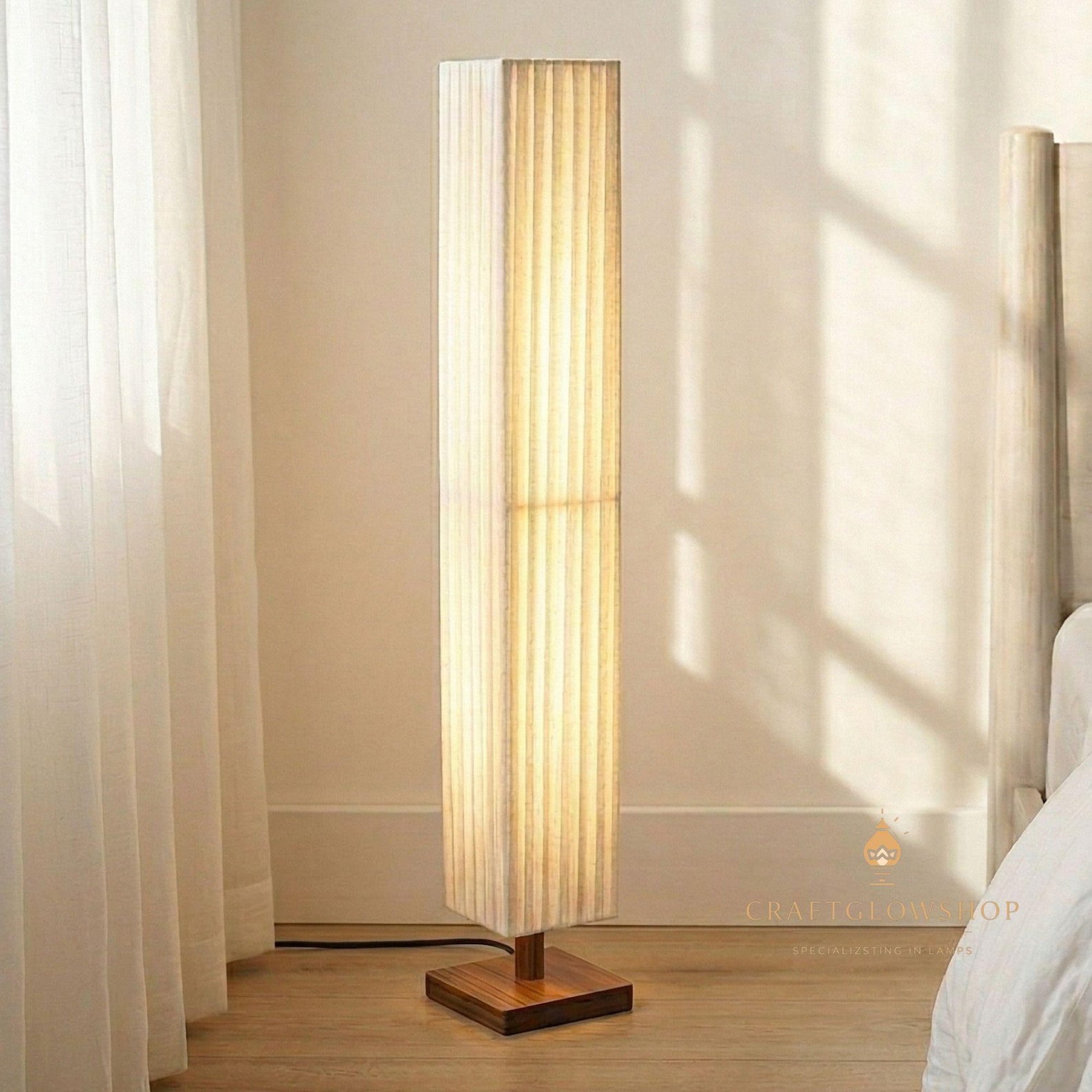 Modern wooden japandi floor lamp rectangular linen shade solid wood base minimalist bedroom light