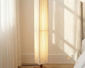 Wabi Sabi Floor Lamp Japandi Tall Standing Light 120 cm, Pleated Fabric Shade Wood Base, Minimalist Home Decor