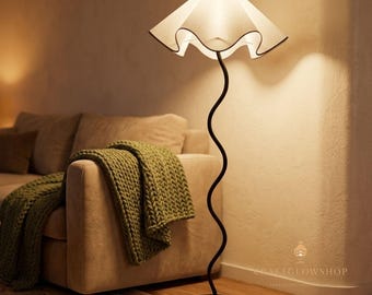 Modern Wavy Stem Floor Lamp, Minimalist Standing Lamp with Linen Shade, Sculptural Ambient Light for Living Room Home Decor