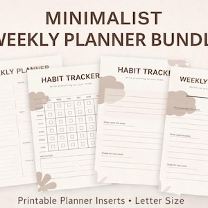 Peut inclure: Un ensemble de planificateurs hebdomadaires minimalistes avec quatre inserts imprimables. Les inserts comprennent un planificateur hebdomadaire, un suivi des habitudes et des pages de réflexion hebdomadaire. Les pages sont beige clair avec des accents floraux.