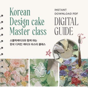 May include: A digital guide titled "Korean Design Cake Master Class" with a palette of colorful frosting and cake decorating examples. The guide includes the text "Instant Download PDF" and Korean text.