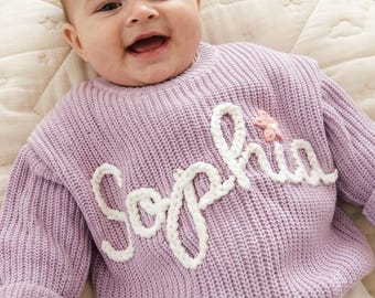 Personalized Baby Sweater with Name, Custom Knit Newborn Crewneck Sweater, Hand Embroidered Baby Name Sweater, Knitted Crochet Baby Jumper