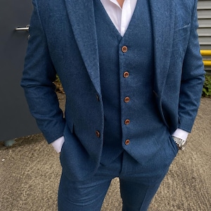 USA | Blå tweedkostym i tre delar | Bröllop | Stuga | Vintage | Peaky Blinder | Brudgum
