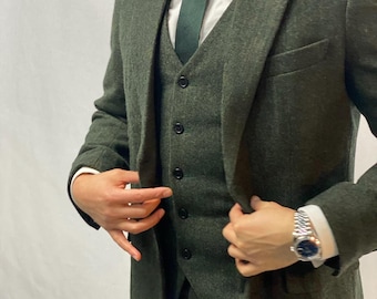 US | UK Green 3 Piece Tweed Suit | Mens | Wedding | Groom | Groomsmen | Matching | Three piece
