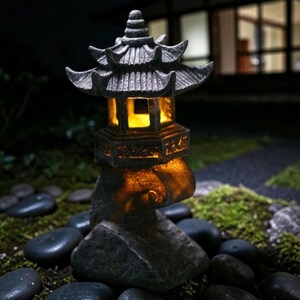 Lanterna zen in pietra, statua da giardino, decorazione esterna in resina, torre luminosa solare per tempio per patio, prato, balcone e cortile.