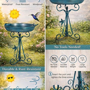 Outdoor Metall Vogeltränke mit Ständer, freistehende Garten Vogelfutterhaus, Vintage Yard Dekor, wetterfeste Rasenverzierung, Terrasse Garten Geschenk Bild 5