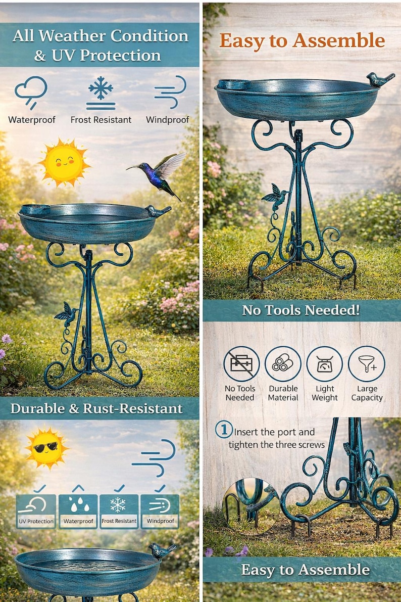 Outdoor Metall Vogeltränke mit Ständer, freistehende Garten Vogelfutterhaus, Vintage Yard Dekor, wetterfeste Rasenverzierung, Terrasse Garten Geschenk Bild 5