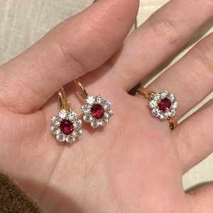 Sonnenblume Ring & Ohrringe: 925 Sterling Silber, Rubin, Handgemachtes Schmuck Geschenk Set