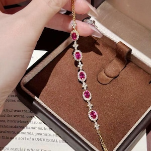 Oval Ruby Cross Bracelet, 925 Sterling Silver, Classic Diamond Accents, Gift For Her