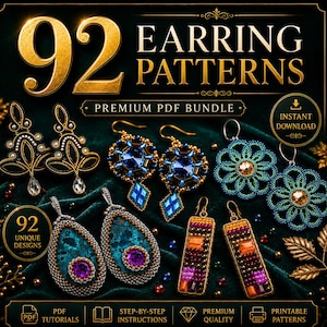May include: A digital graphic displaying 92 EARRING PATTERNS PREMIUM PDF BUNDLE with text and images of five distinct pairs of beaded earrings in gold, blue, green, and purple tones, featuring various geometric and floral shapes on a dark background.