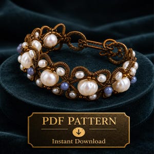 May include: A bracelet crafted from antiqued bronze wire, featuring a complex woven pattern integrated with white freshwater pearls and small, round, light blue beads. The piece includes a toggle clasp and a label reading PDF PATTERN Instant Download.